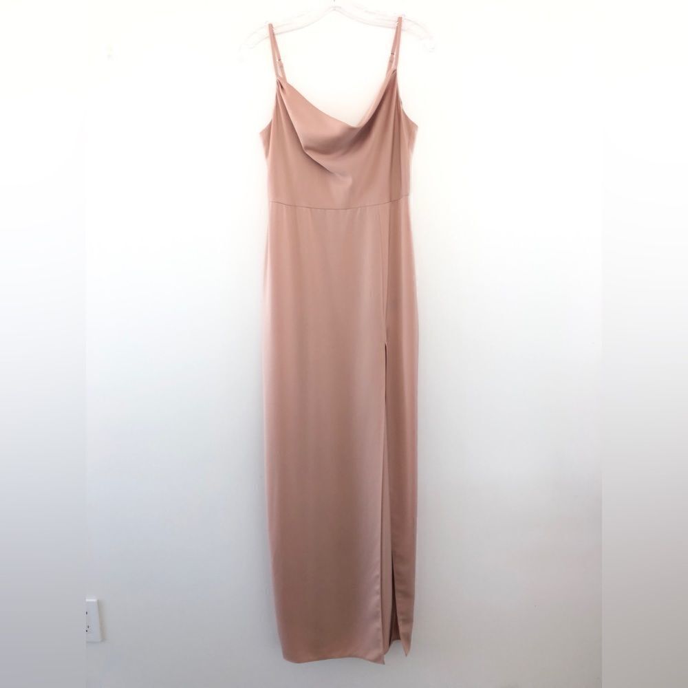 NBD REVOLVE Lila Gown in Champagne Satin Slip Draped Maxi Column Leg Slit S - Picture 4 of 13